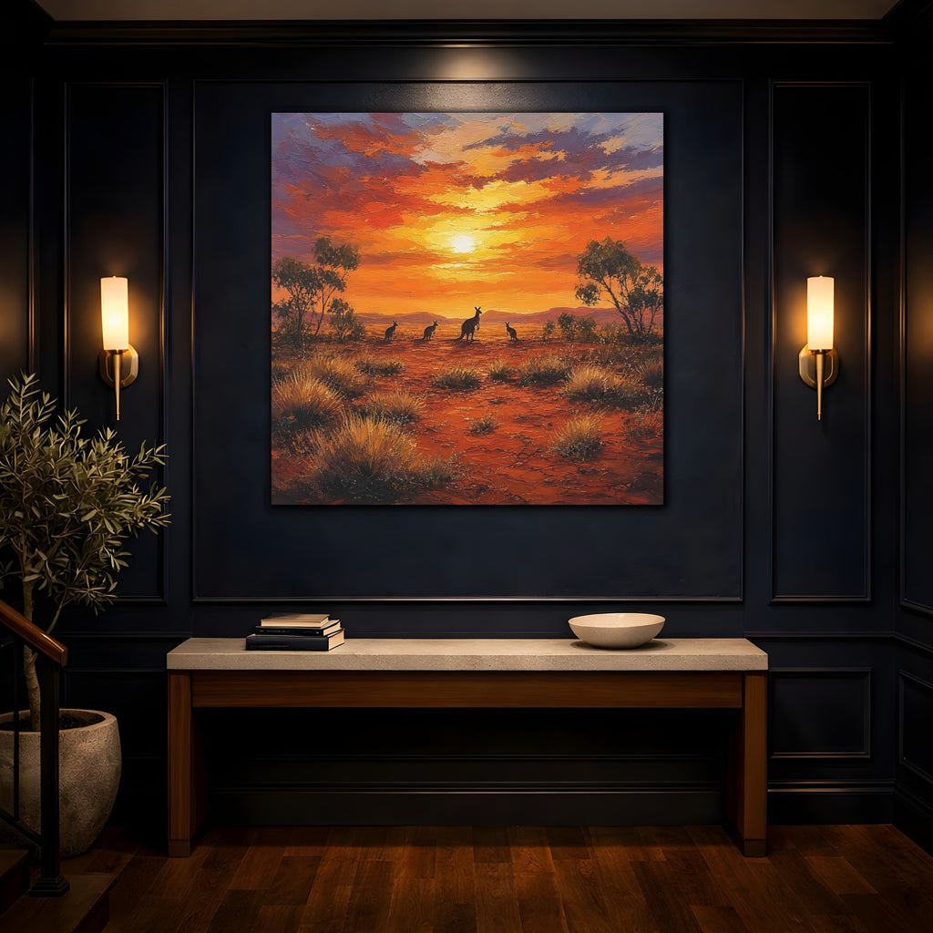 Mockup 4. Animals Kangaroos Orange Desert Sunset shown as stretched canvas wall art
