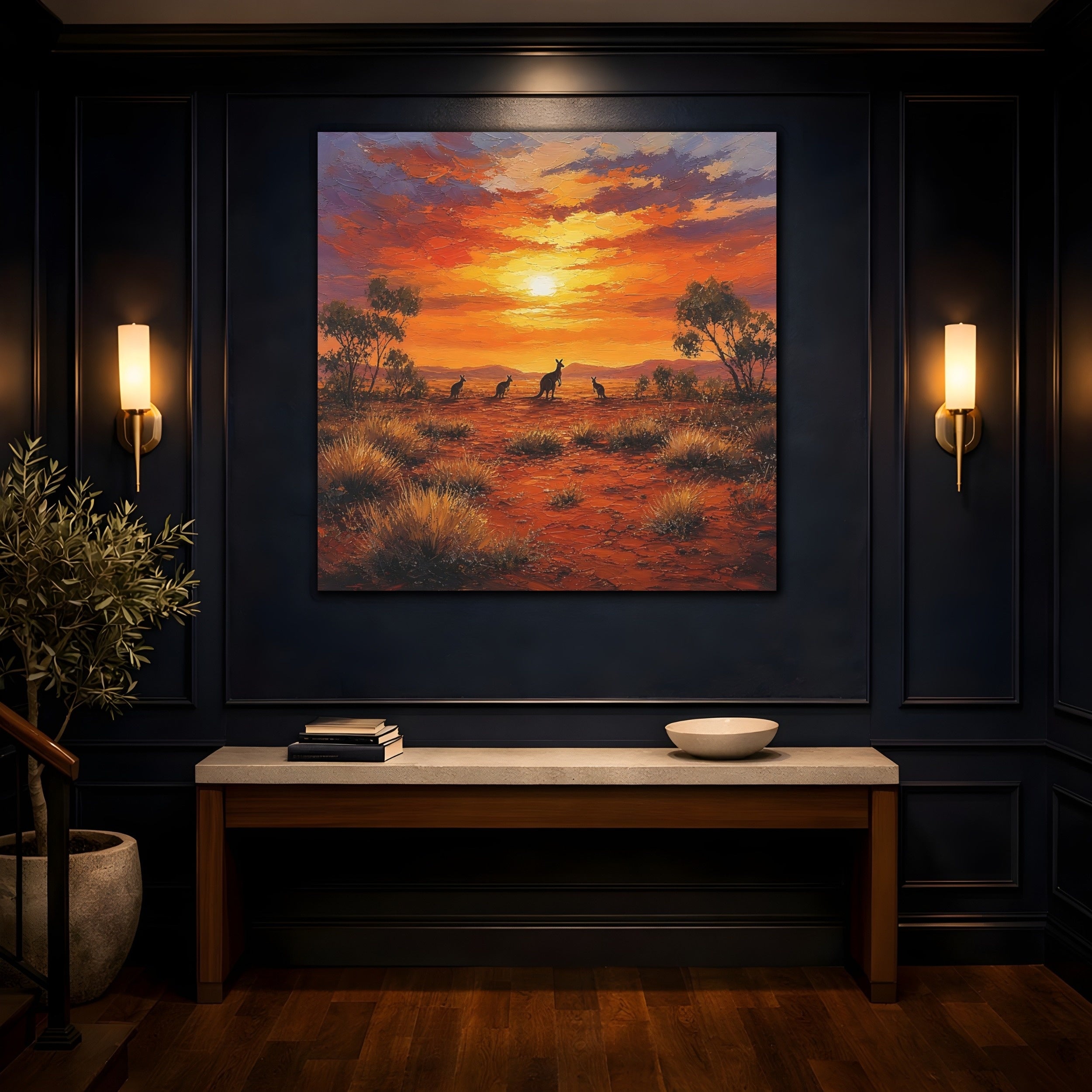 Mockup 4. Animals Kangaroos Orange Desert Sunset shown as stretched canvas wall art