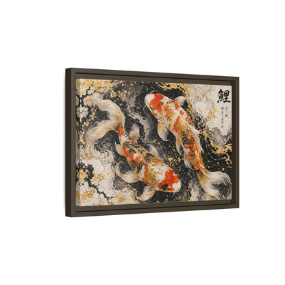 Side Mockup 5. Animals Koi Fish Gold And Black Koi shown as stretched canvas wall art