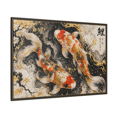 Side Mockup 8. Animals Koi Fish Gold And Black Koi shown as stretched canvas wall art