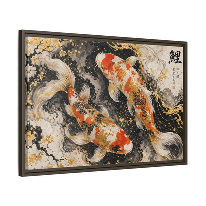 Side Mockup 11. Animals Koi Fish Gold And Black Koi shown as stretched canvas wall art
