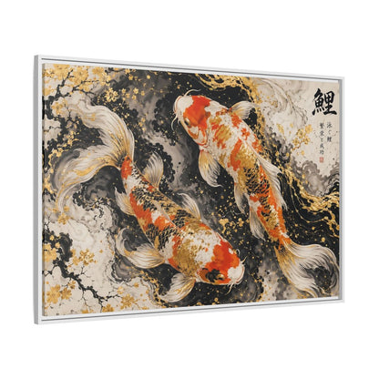 Side Mockup 7. Animals Koi Fish Gold And Black Koi shown as stretched canvas wall art
