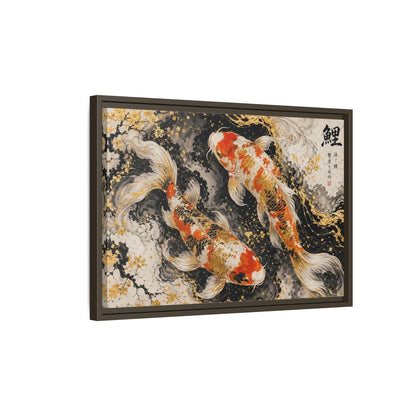 Side Mockup 2. Animals Koi Fish Gold And Black Koi shown as stretched canvas wall art