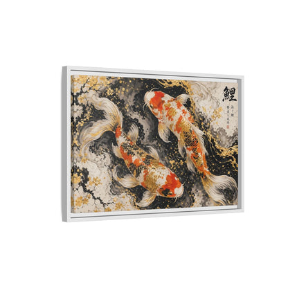 Side Mockup 1. Animals Koi Fish Gold And Black Koi shown as stretched canvas wall art