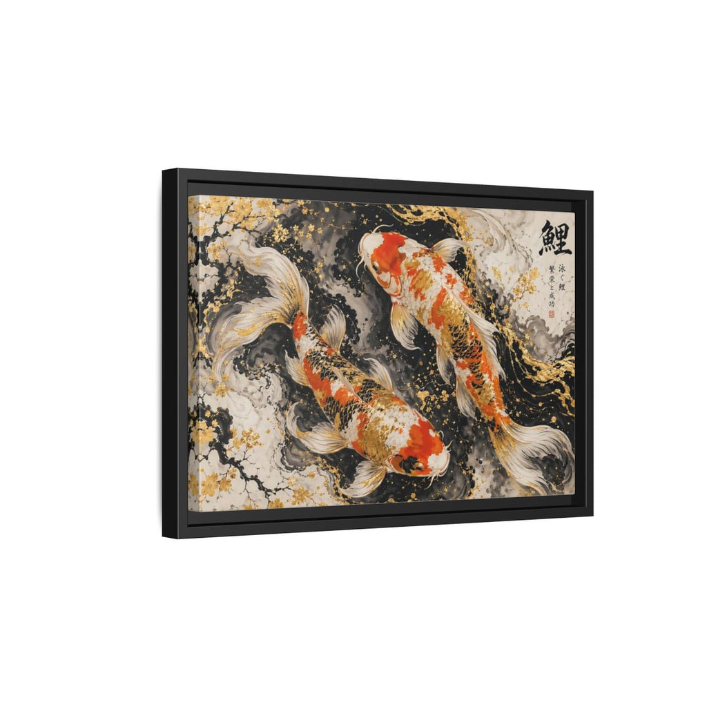Side Mockup 6. Animals Koi Fish Gold And Black Koi shown as stretched canvas wall art