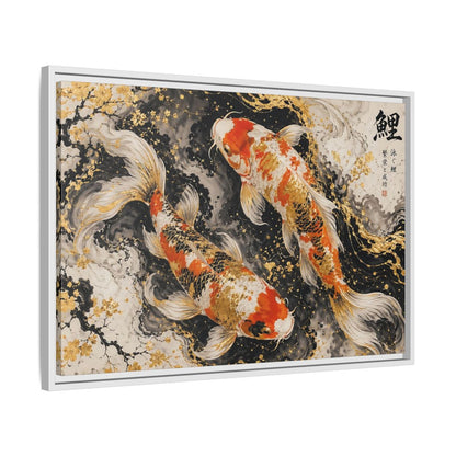 Side Mockup 10. Animals Koi Fish Gold And Black Koi shown as stretched canvas wall art