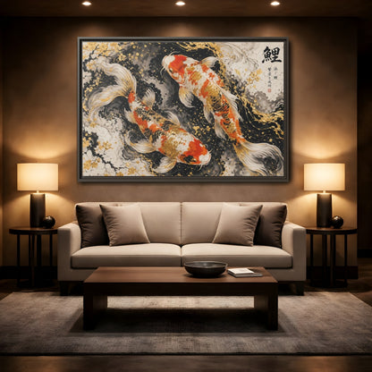 Mockup 2. Animals Koi Fish Gold And Black Koi shown as stretched canvas wall art