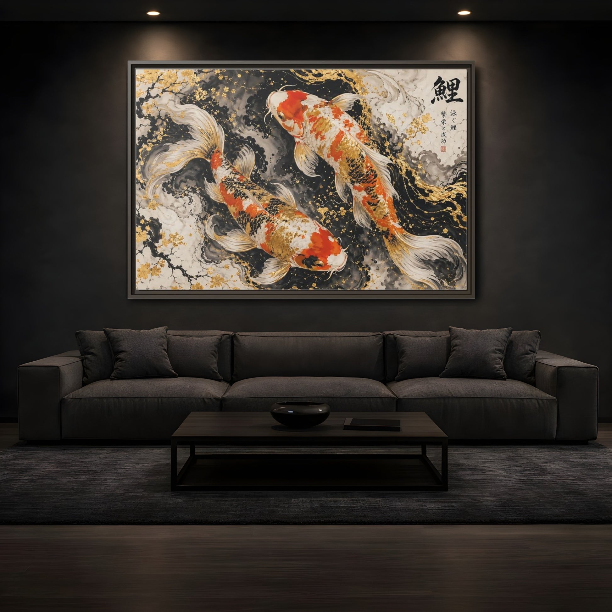 Mockup 3. Animals Koi Fish Gold And Black Koi shown as stretched canvas wall art