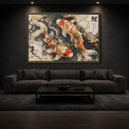 Mockup 3. Animals Koi Fish Gold And Black Koi shown as stretched canvas wall art