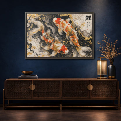 Mockup 4. Animals Koi Fish Gold And Black Koi shown as stretched canvas wall art