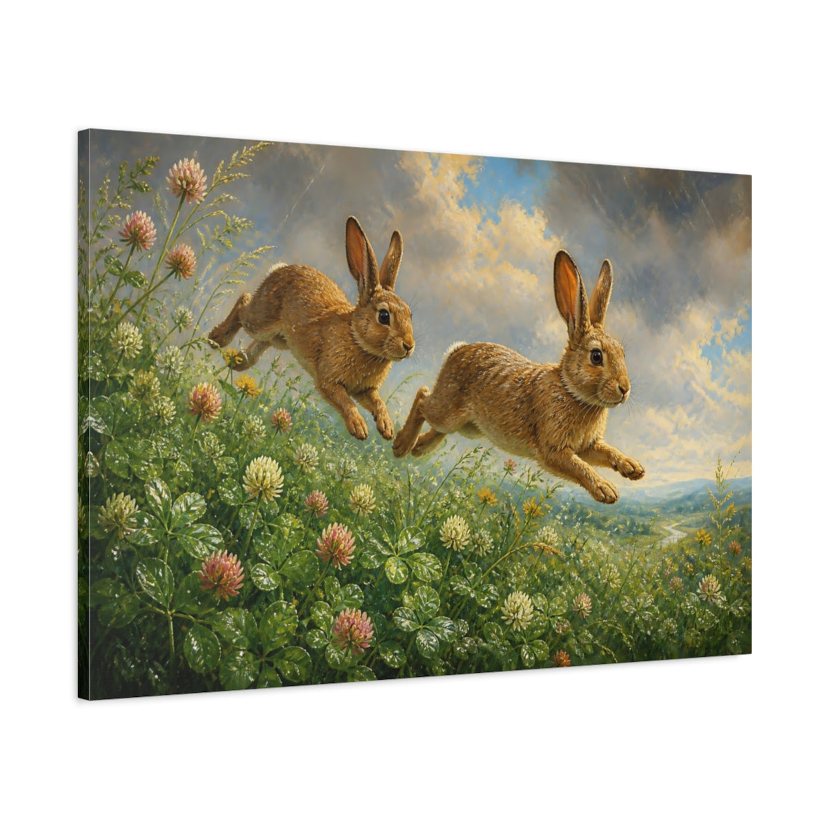Main Mockup. Animals Leaping Rabbits Brown And Green shown as stretched canvas wall art