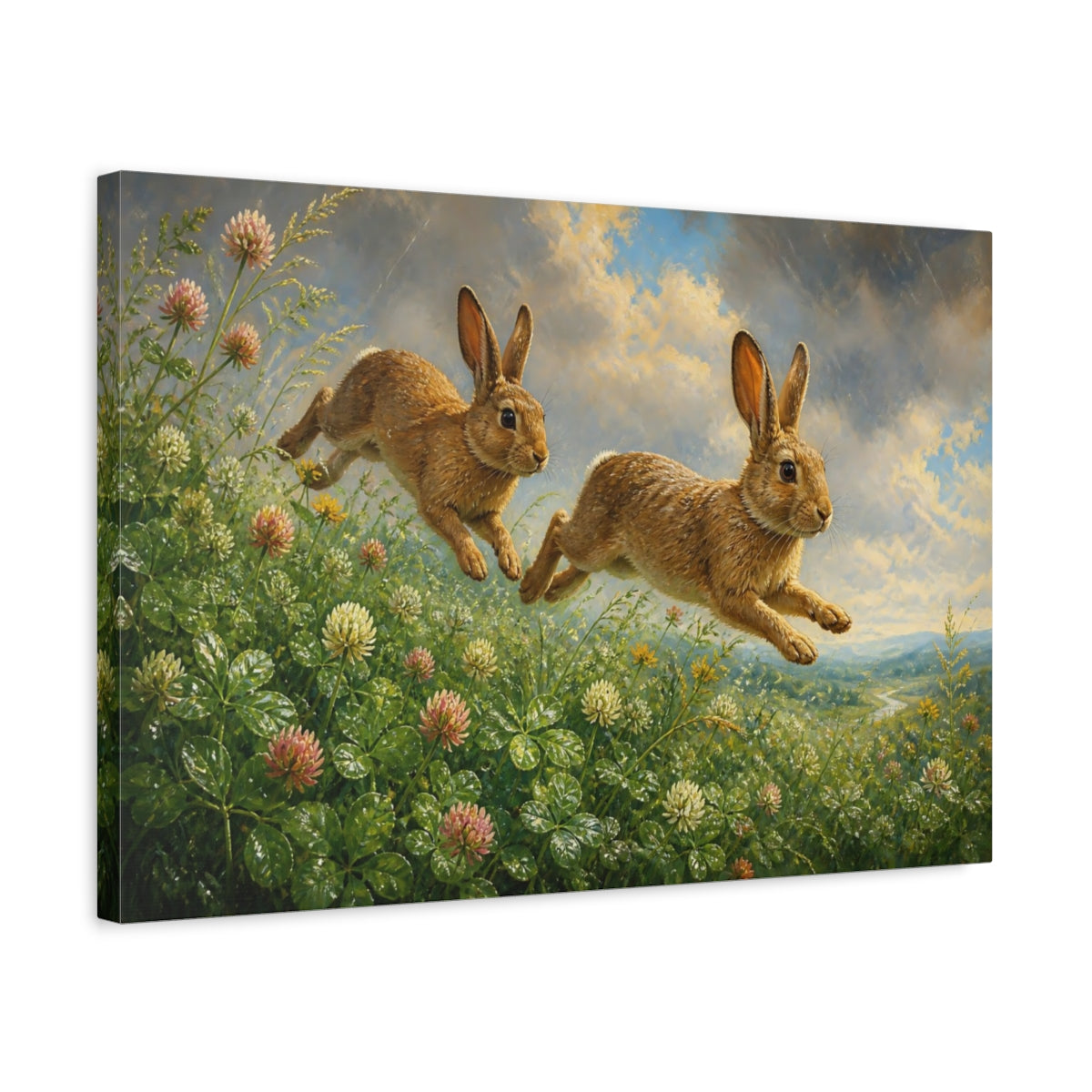Side Mockup 3. Animals Leaping Rabbits Brown And Green shown as stretched canvas wall art