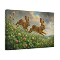 Side Mockup 4. Animals Leaping Rabbits Brown And Green shown as stretched canvas wall art