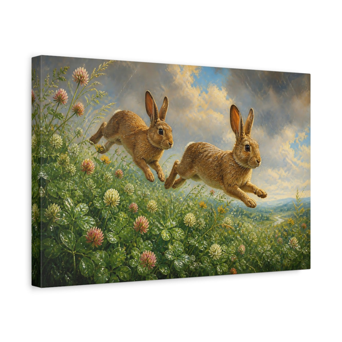 Side Mockup 4. Animals Leaping Rabbits Brown And Green shown as stretched canvas wall art