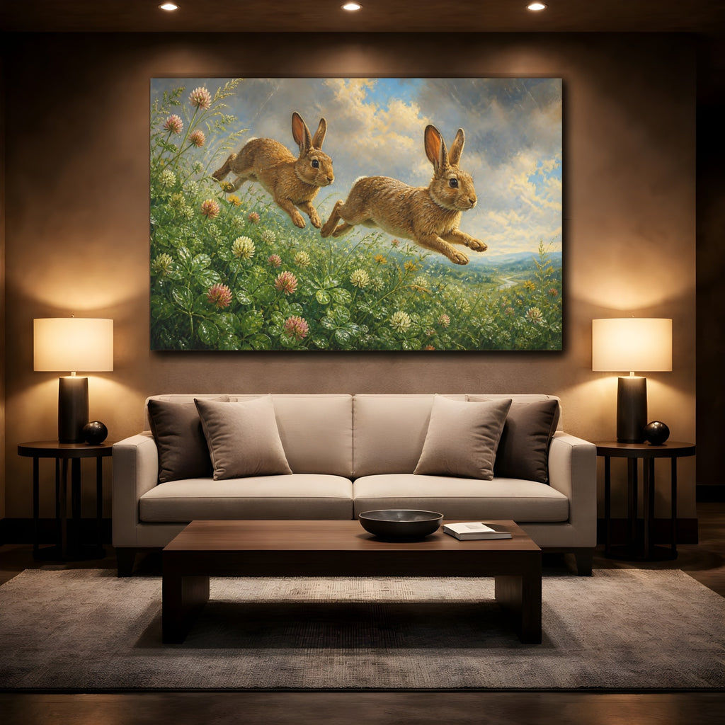 Mockup 2. Animals Leaping Rabbits Brown And Green shown as stretched canvas wall art