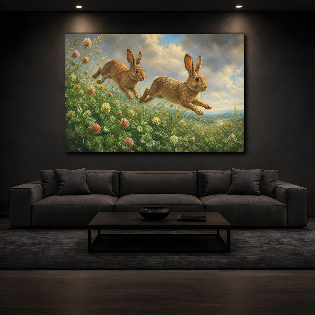 Mockup 3. Animals Leaping Rabbits Brown And Green shown as stretched canvas wall art