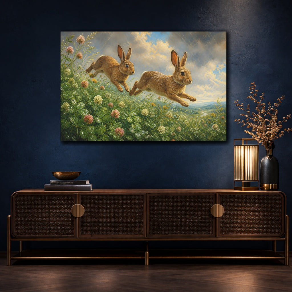 Mockup 4. Animals Leaping Rabbits Brown And Green shown as stretched canvas wall art
