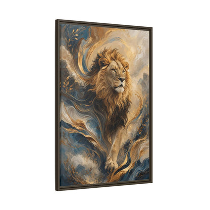 Animals Lion Blue and Gold Framed Canvas Wall Art - Living Room Decor, Above Console Table shown as canvas wall art