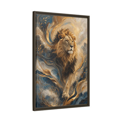 Animals Lion Blue and Gold Framed Canvas Wall Art - Living Room Decor, Above Console Table shown as canvas wall art