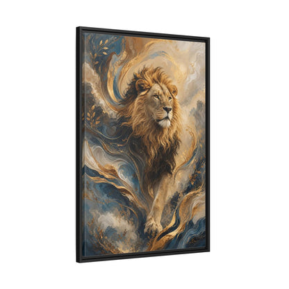Animals Lion Blue and Gold Framed Canvas Wall Art - Living Room Decor, Above Console Table shown as canvas wall art