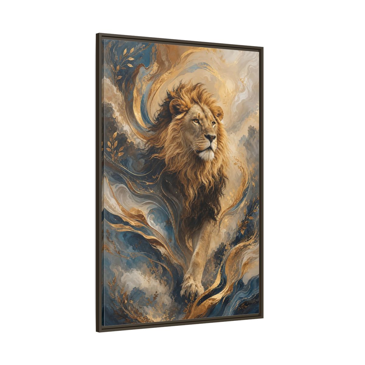 Side Mockup 8. Animals Lion Blue And Gold shown as stretched canvas wall art