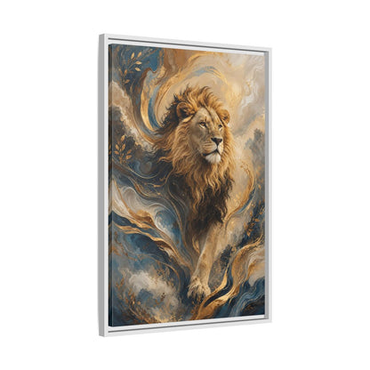 Animals Lion Blue and Gold Framed Canvas Wall Art - Living Room Decor, Above Console Table shown as canvas wall art