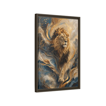 Animals Lion Blue and Gold Framed Canvas Wall Art - Living Room Decor, Above Console Table shown as canvas wall art
