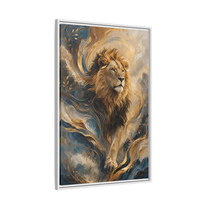 Animals Lion Blue and Gold Framed Canvas Wall Art - Living Room Decor, Above Console Table shown as canvas wall art