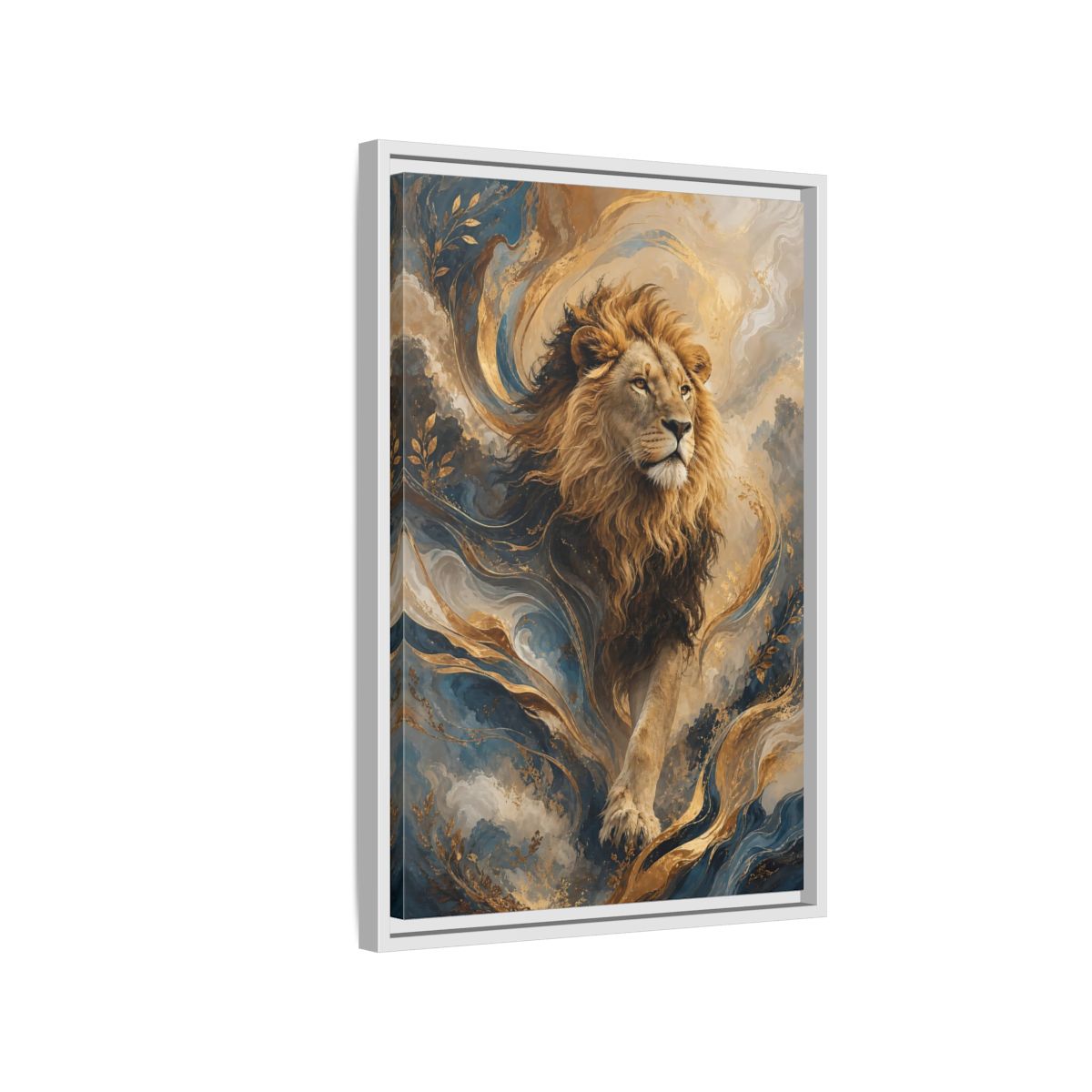 Side Mockup 1. Animals Lion Blue And Gold shown as stretched canvas wall art