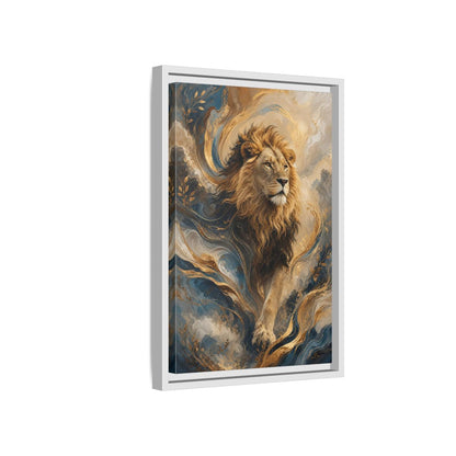 Animals Lion Blue and Gold Framed Canvas Wall Art - Living Room Decor, Above Console Table shown as canvas wall art