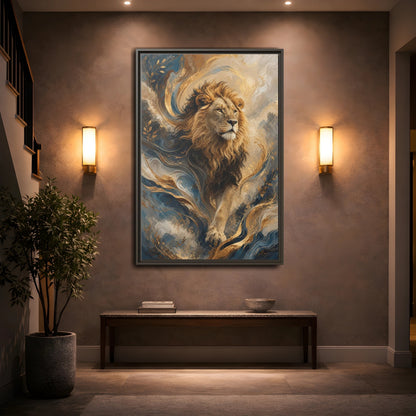 Animals Lion Blue and Gold Framed Canvas Wall Art - Living Room Decor, Above Console Table shown as canvas wall art