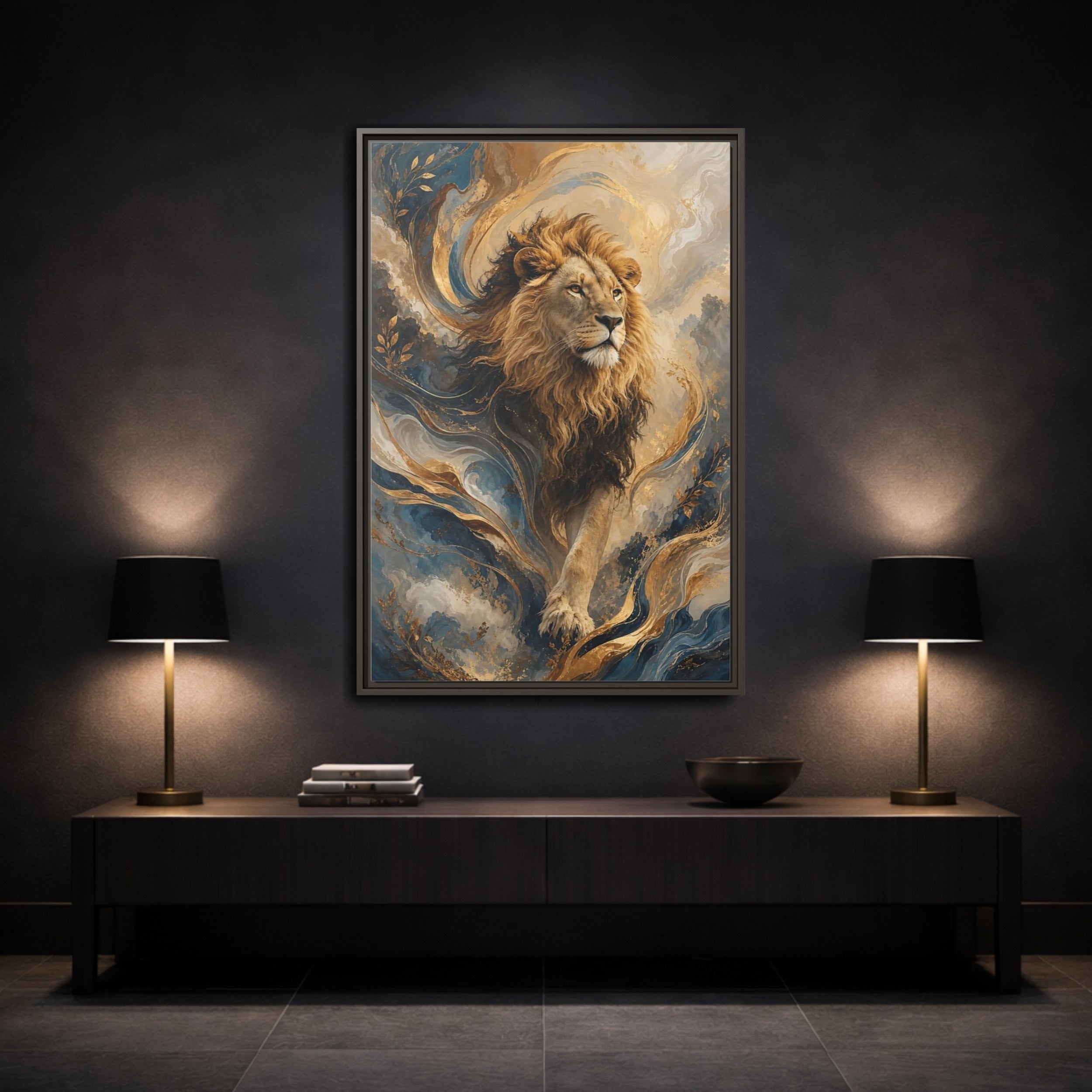 Mockup 3. Animals Lion Blue And Gold shown as stretched canvas wall art
