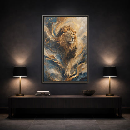 Animals Lion Blue and Gold Framed Canvas Wall Art - Living Room Decor, Above Console Table shown as canvas wall art