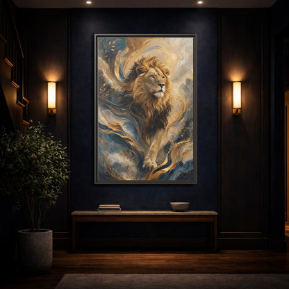 Animals Lion Blue and Gold Framed Canvas Wall Art - Living Room Decor, Above Console Table shown as canvas wall art