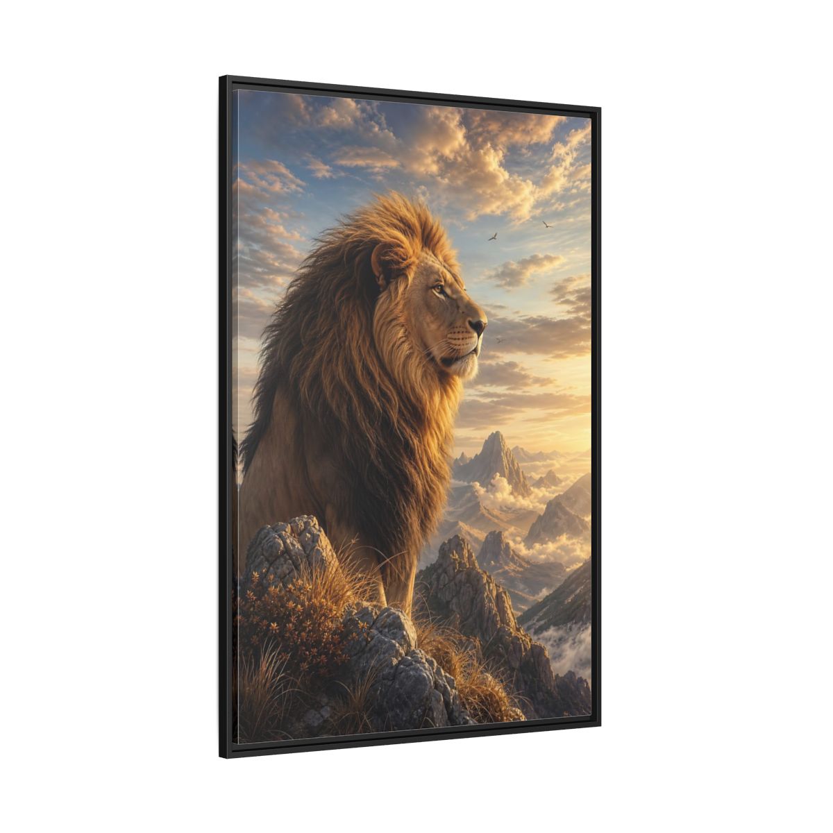 Side Mockup 12. Animals Lion Golden Lion shown as stretched canvas wall art