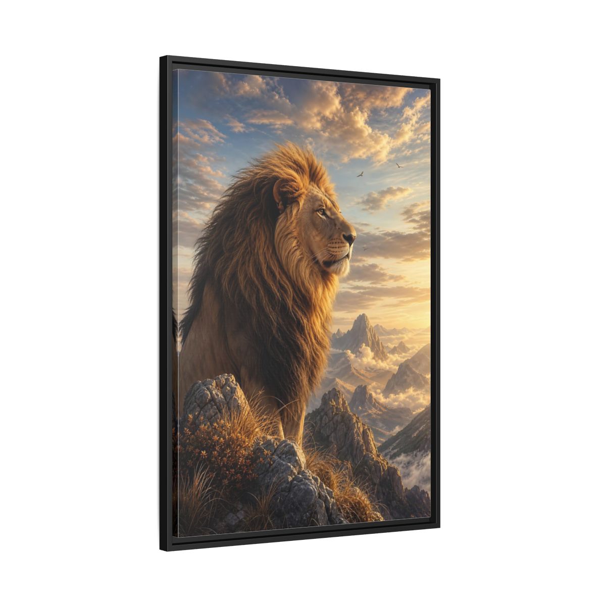 Side Mockup 13. Animals Lion Golden Lion shown as stretched canvas wall art