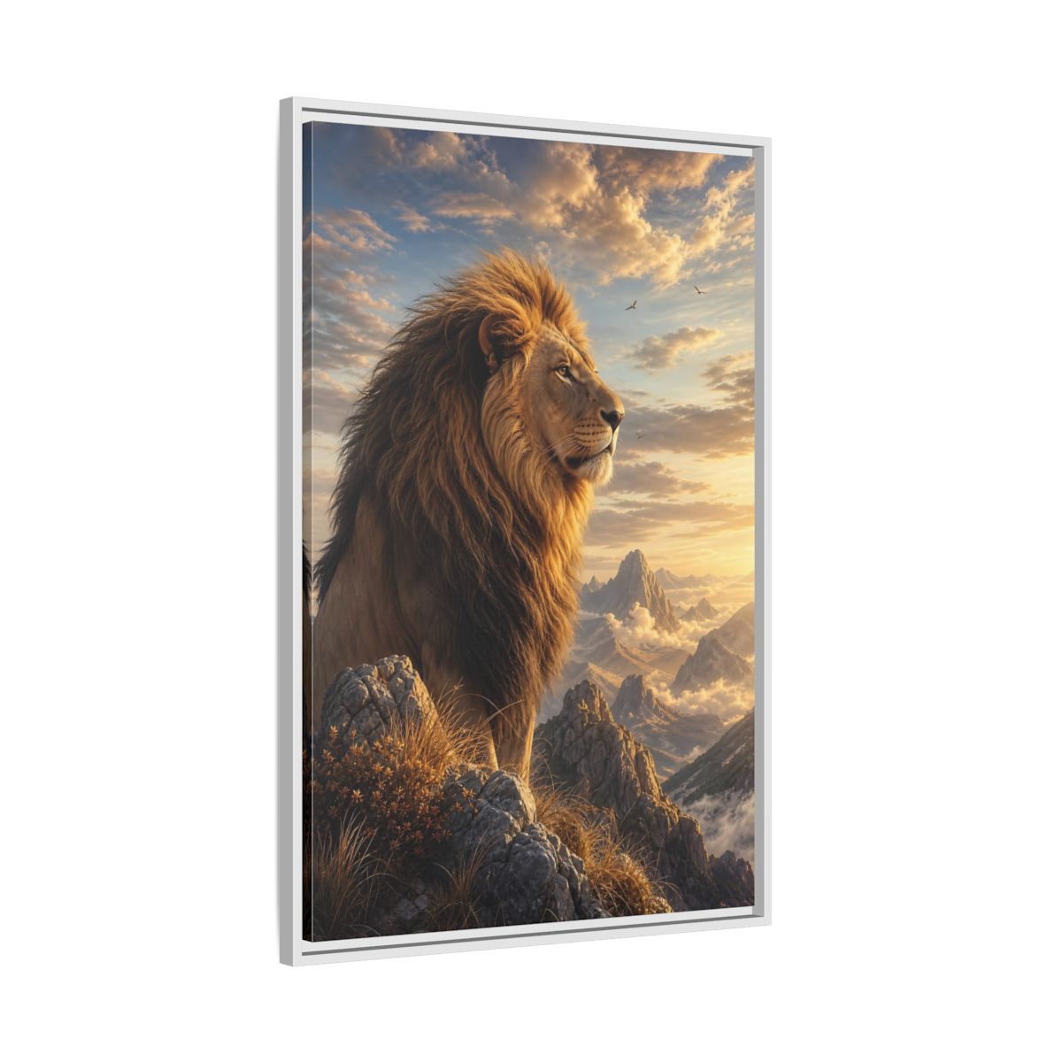 Side Mockup 9. Animals Lion Golden Lion shown as stretched canvas wall art