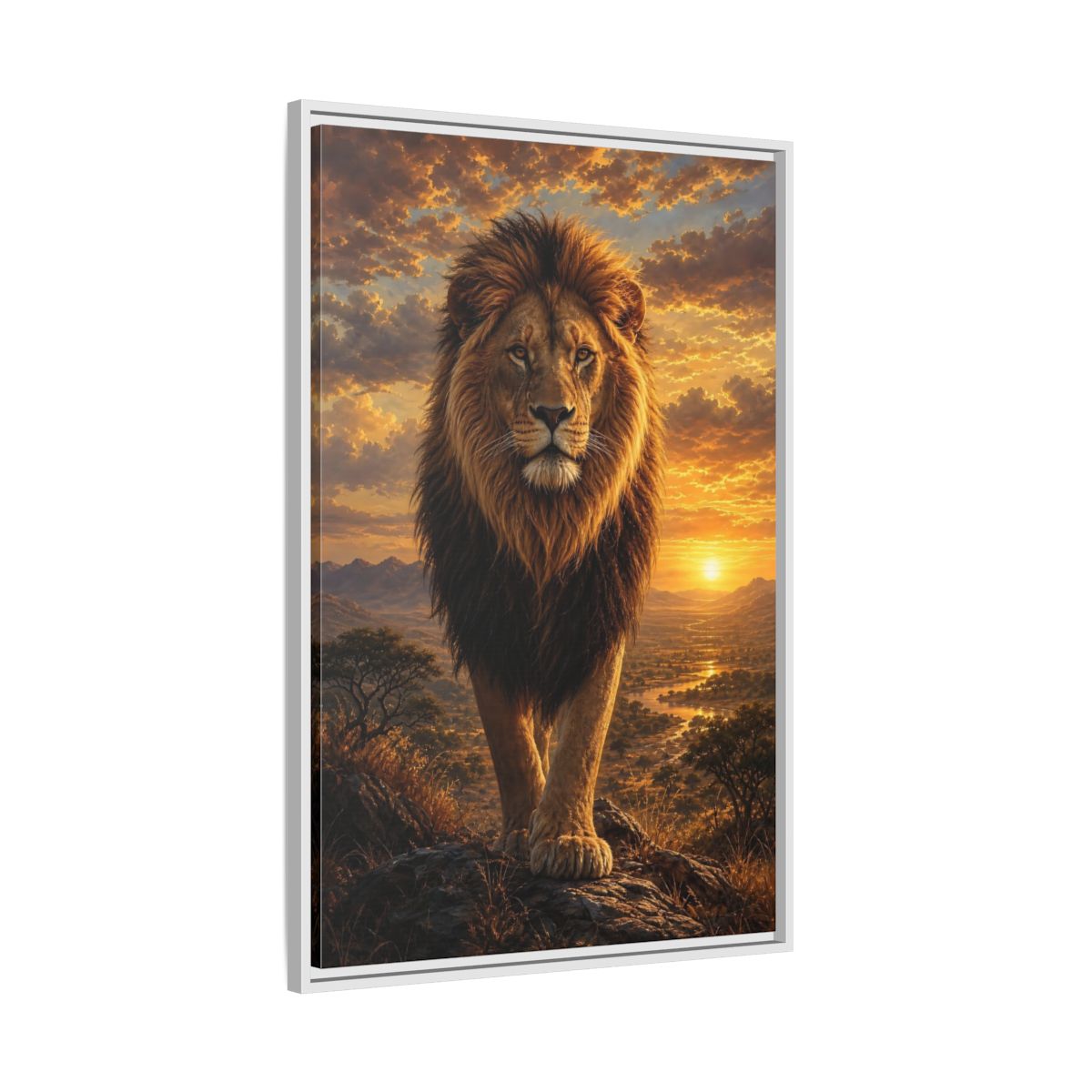 Side Mockup 9. Animals Lion Golden Lion shown as stretched canvas wall art