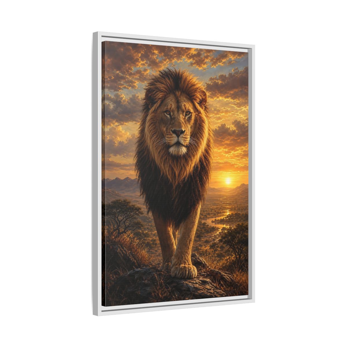 Side Mockup 10. Animals Lion Golden Lion shown as stretched canvas wall art