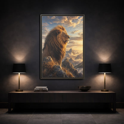 Animals Lion Golden Framed Canvas Wall Art - Living Room shown as canvas wall art