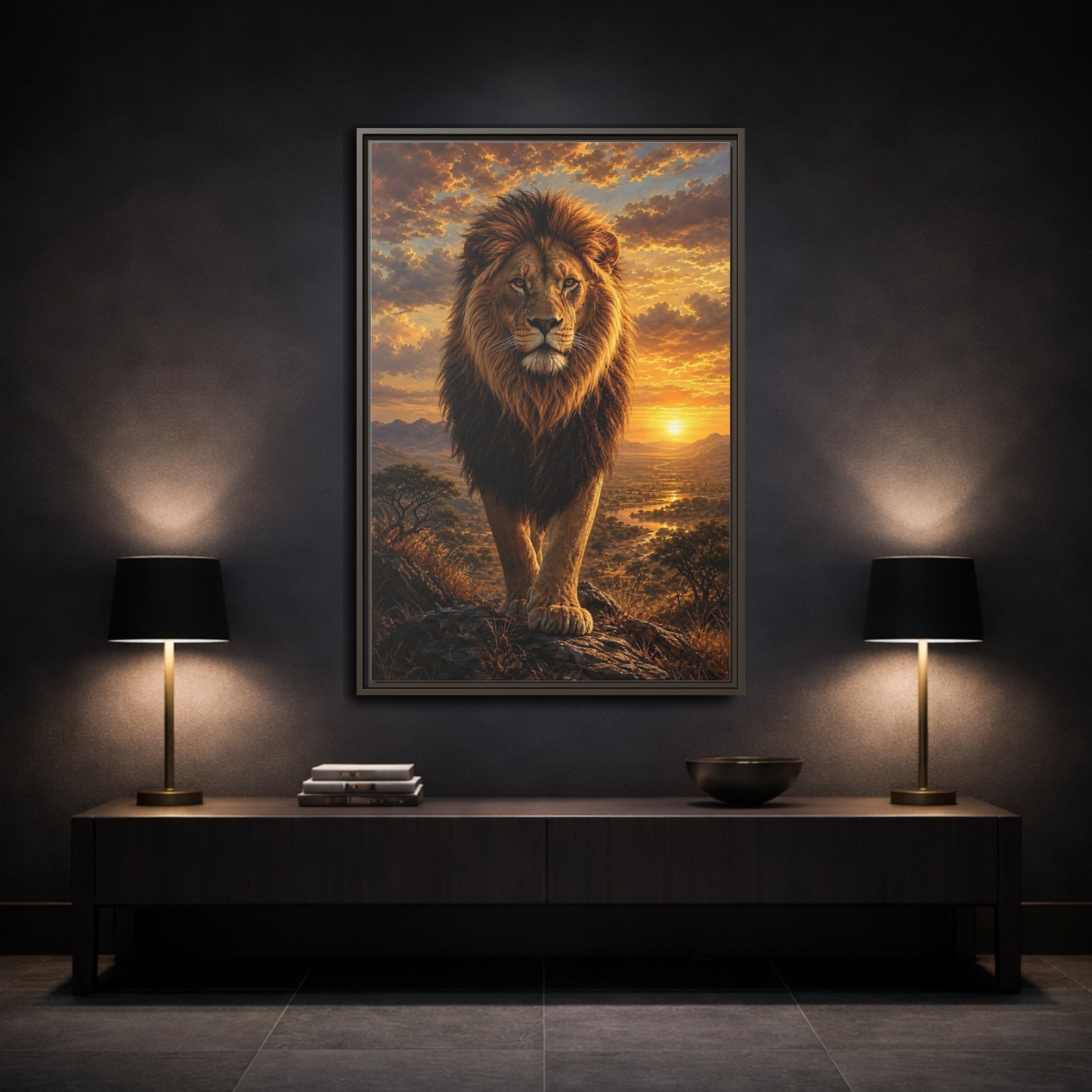 Mockup 3. Animals Lion Golden Lion shown as stretched canvas wall art
