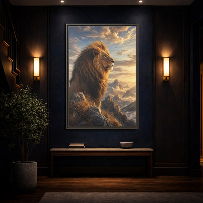 Animals Lion Golden Framed Canvas Wall Art - Living Room shown as canvas wall art