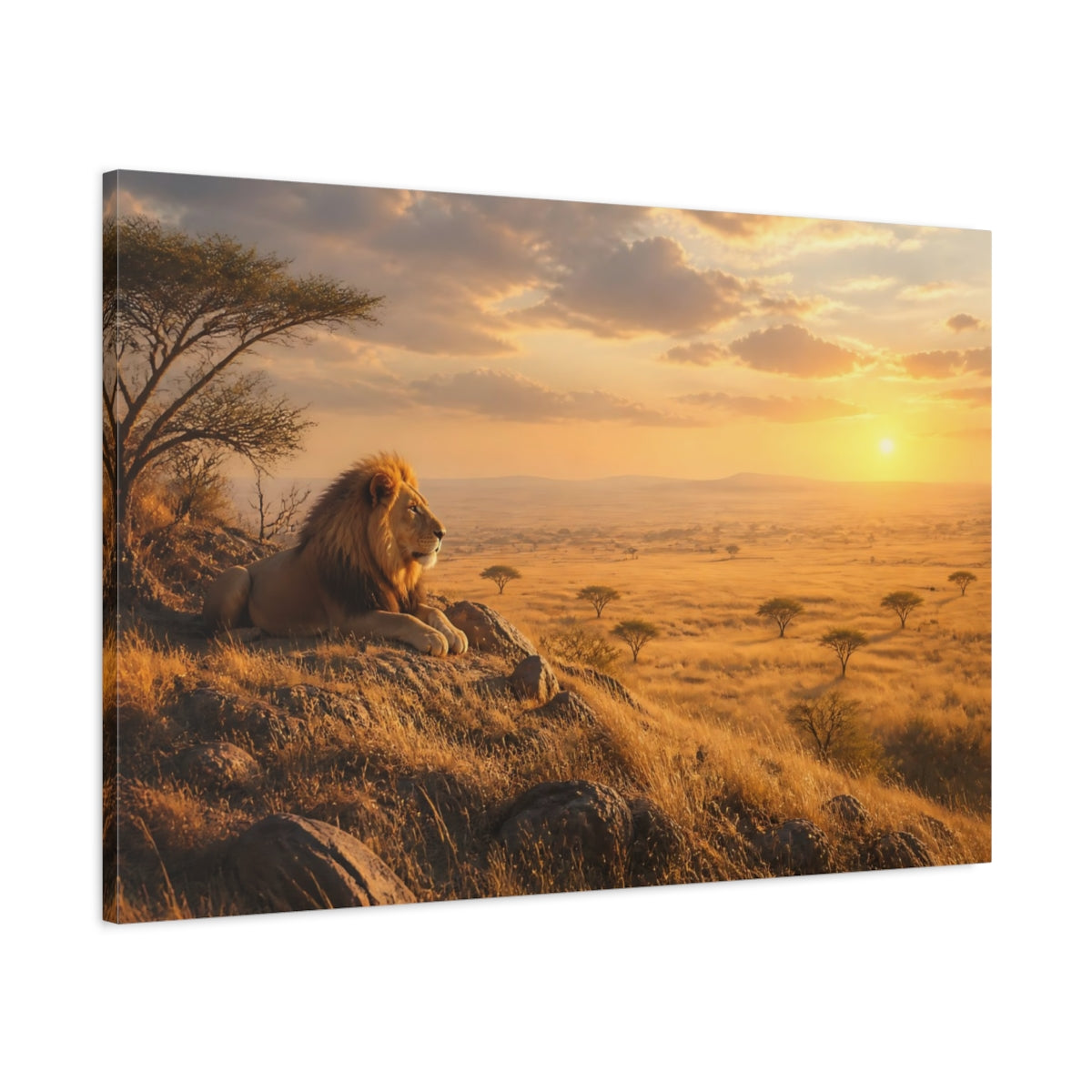 Main Mockup. Animals Lion Golden Savanna shown as stretched canvas wall art