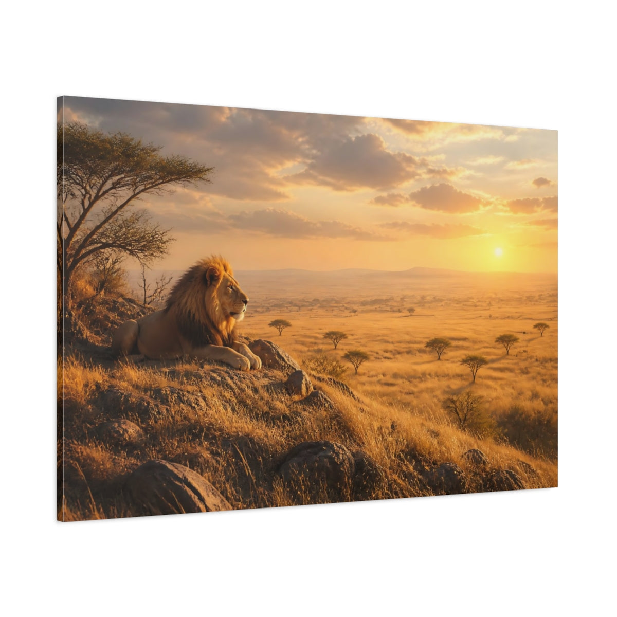 Side Mockup 1. Animals Lion Golden Savanna shown as stretched canvas wall art