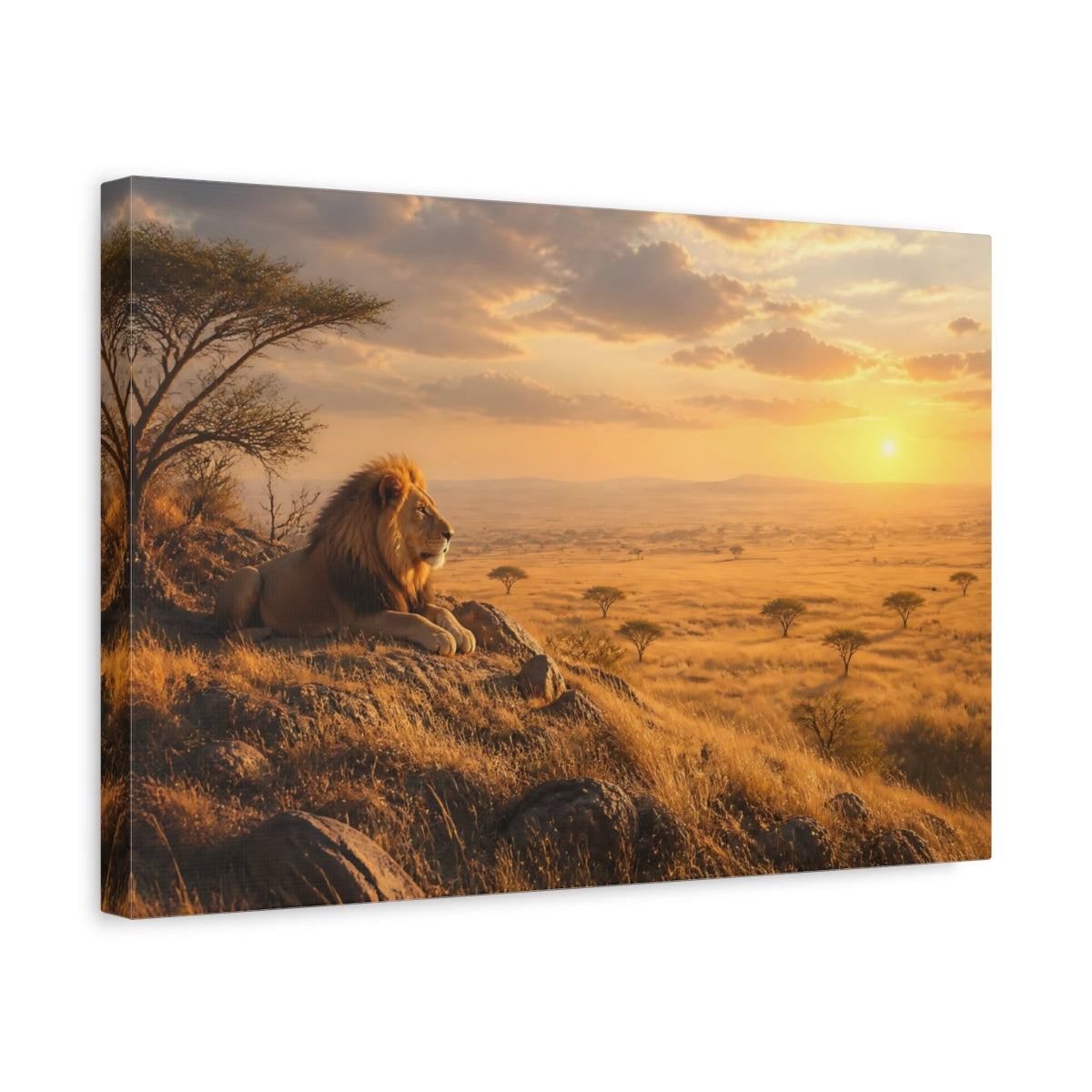Side Mockup 4. Animals Lion Golden Savanna shown as stretched canvas wall art