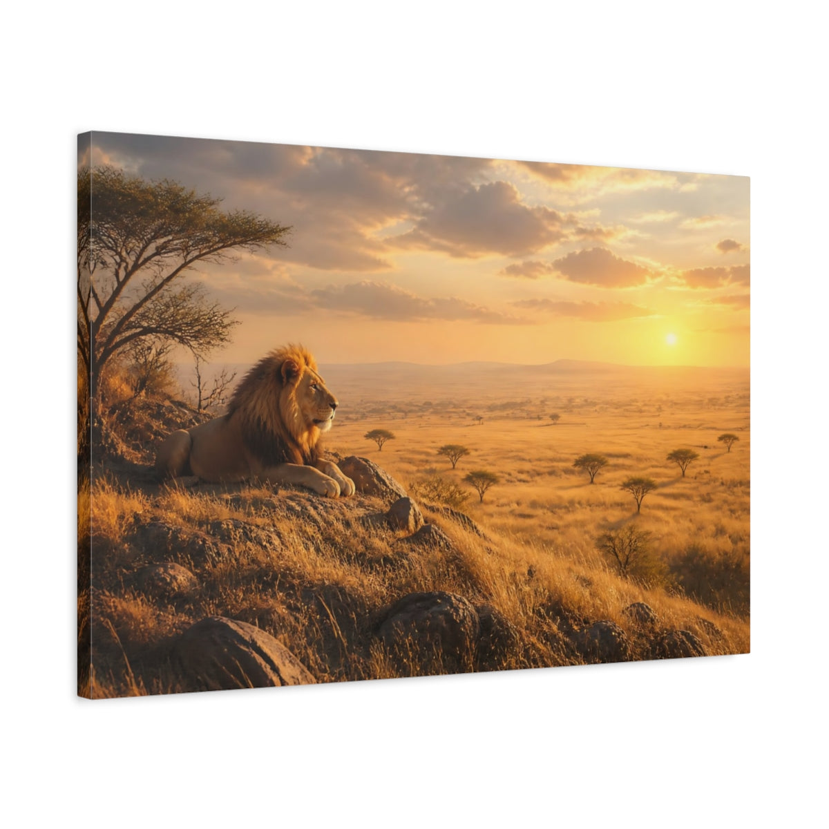 Side Mockup 2. Animals Lion Golden Savanna shown as stretched canvas wall art