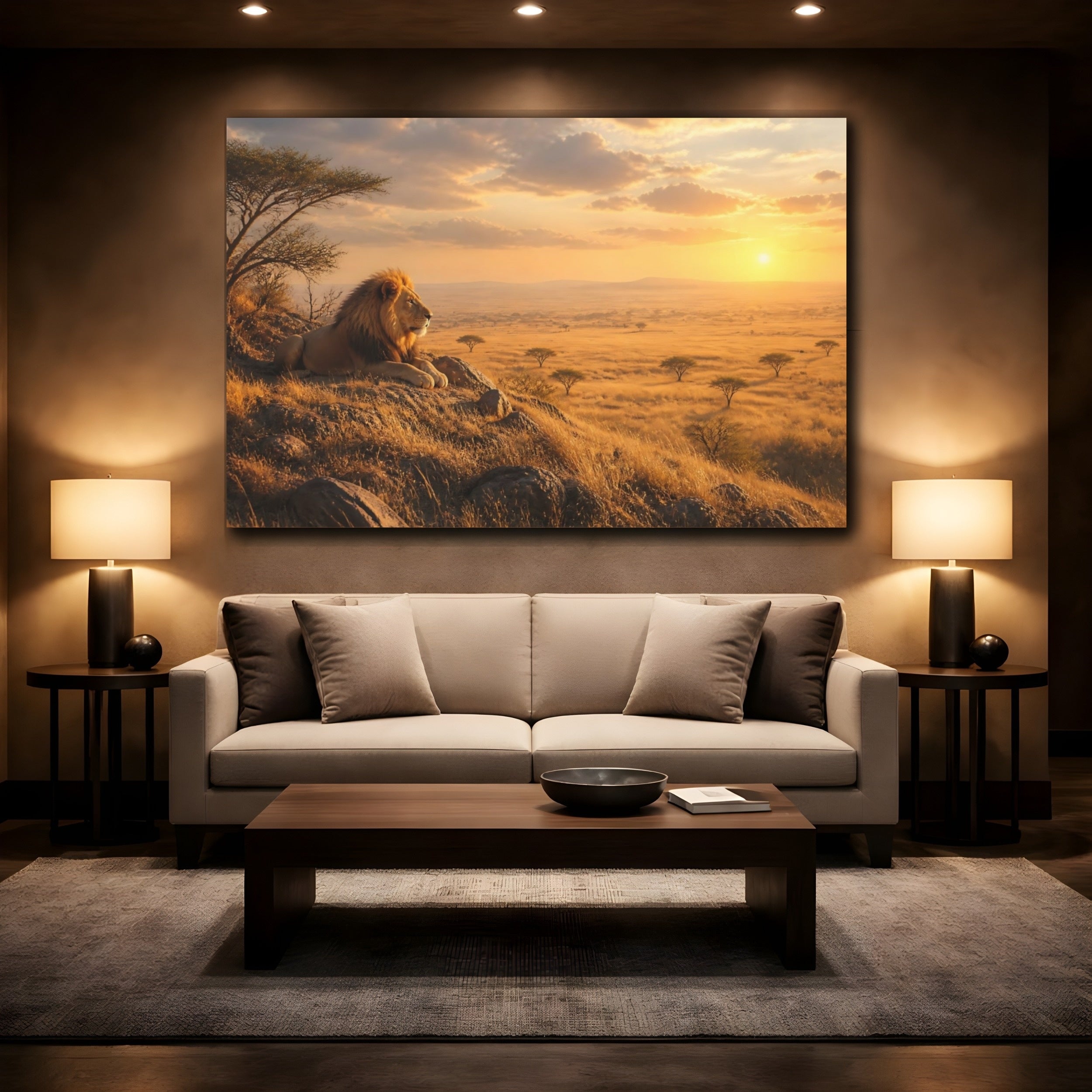 Mockup 2. Animals Lion Golden Savanna shown as stretched canvas wall art