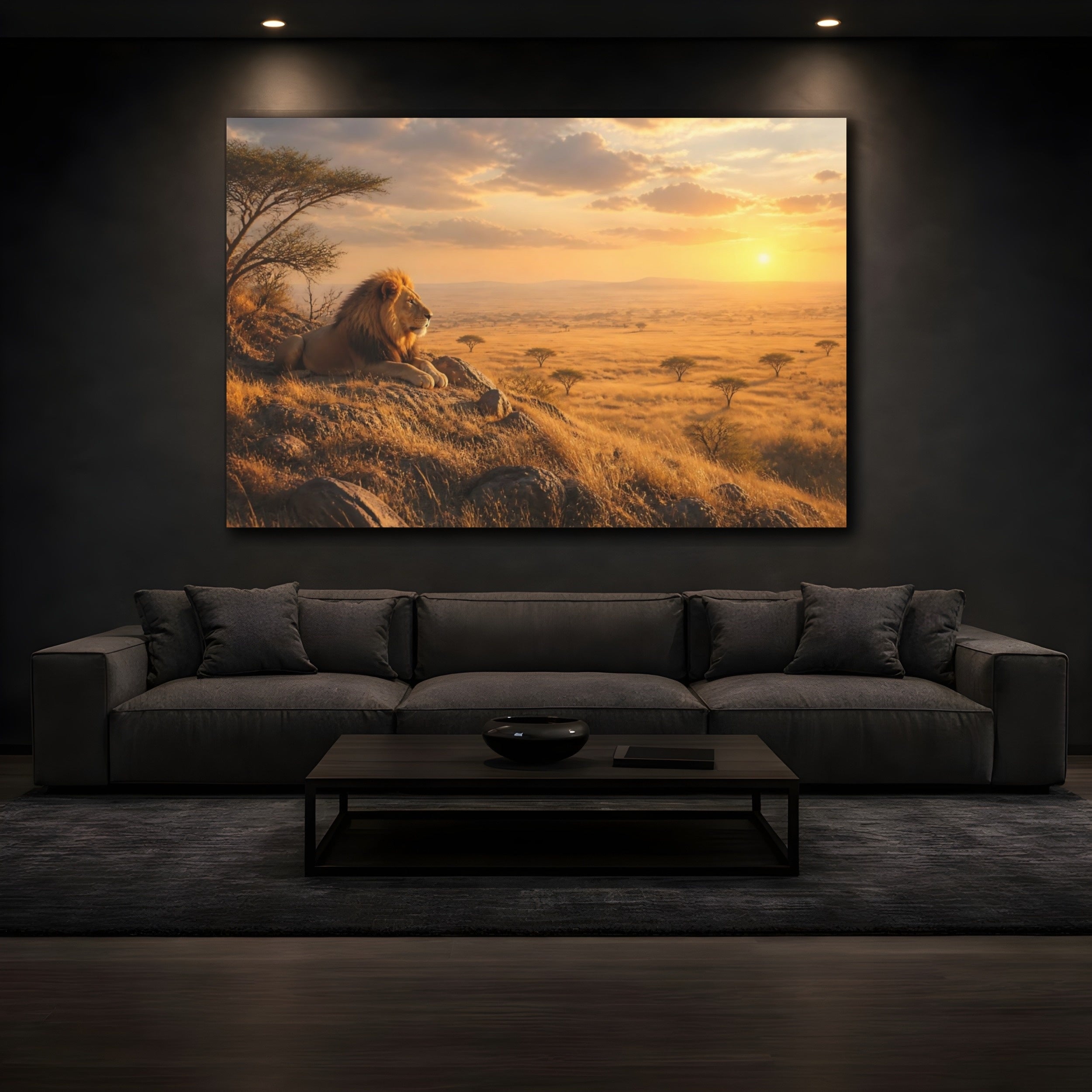 Mockup 3. Animals Lion Golden Savanna shown as stretched canvas wall art