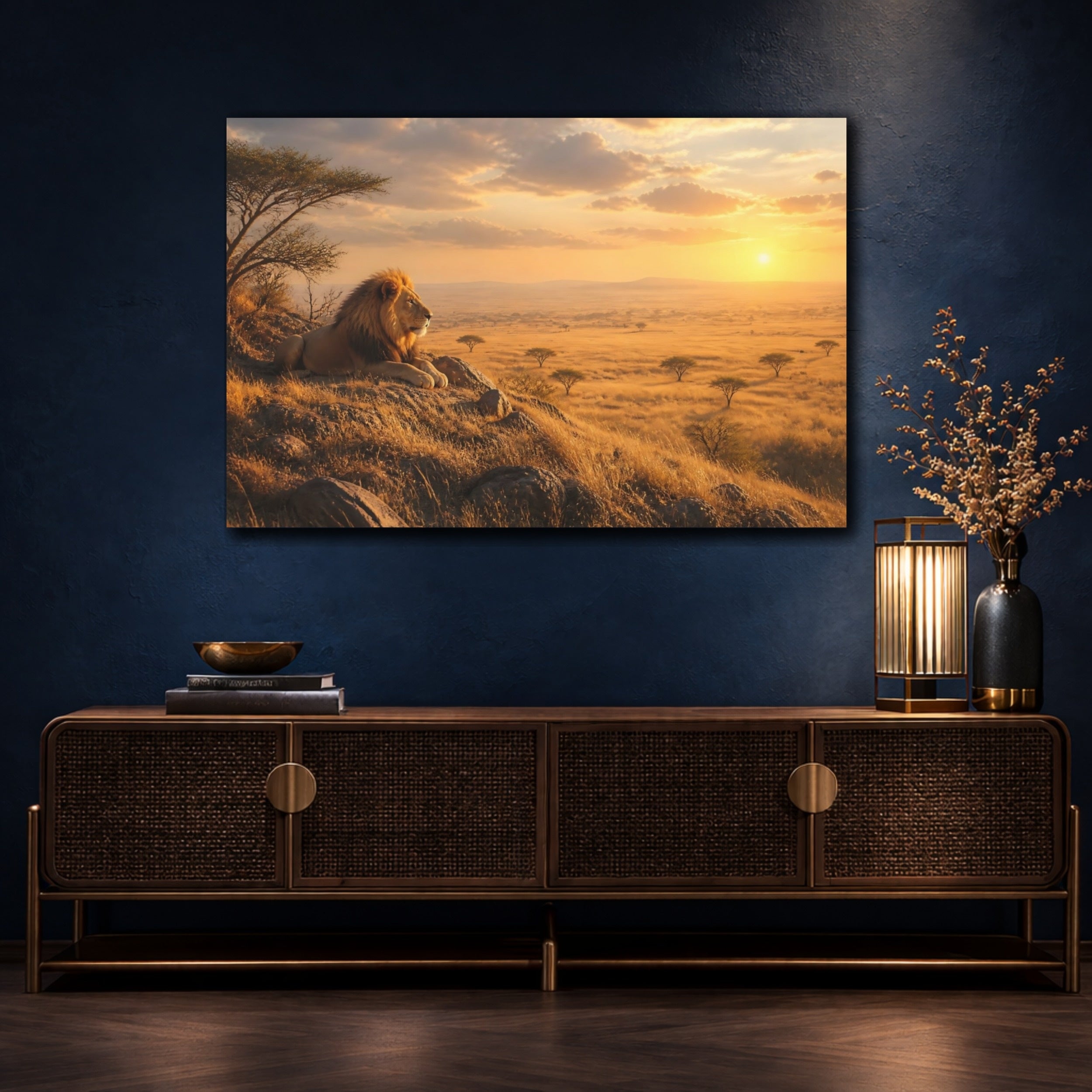 Mockup 4. Animals Lion Golden Savanna shown as stretched canvas wall art