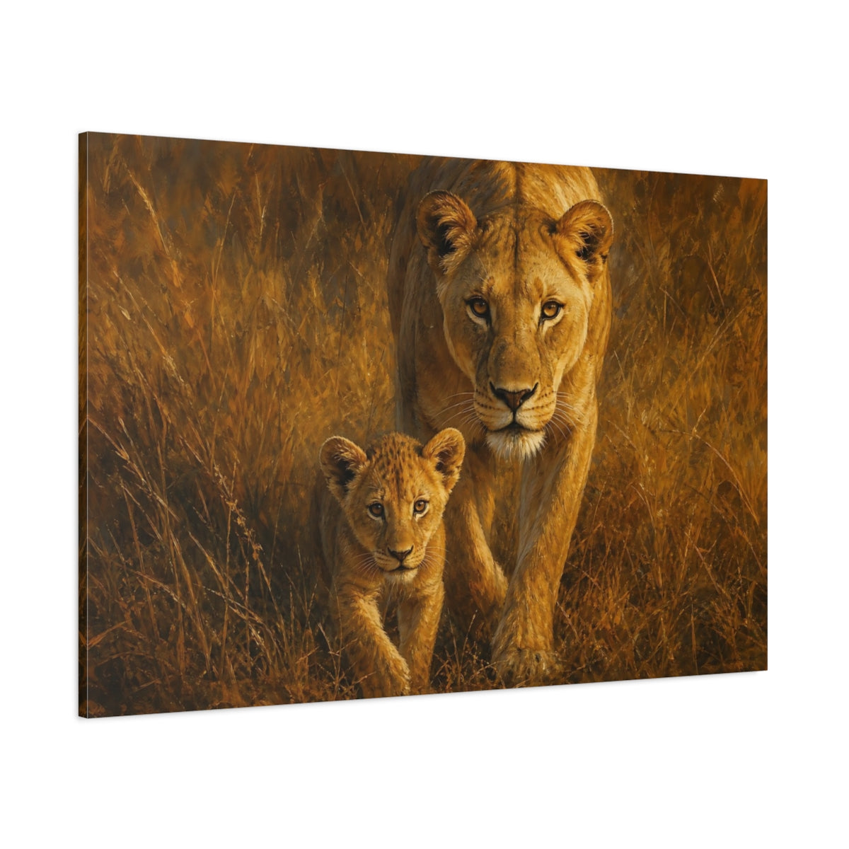 Side Mockup 1. Animals Lioness Cub Lioness Cub Gold shown as stretched canvas wall art